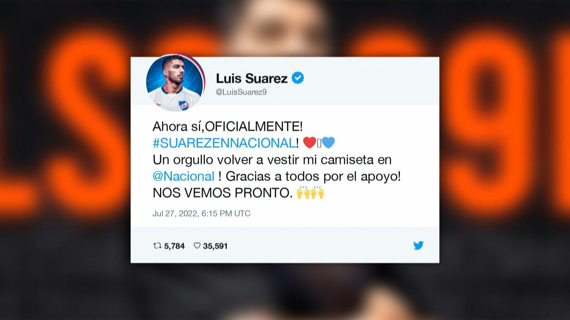 El astro del fútbol Luis Suárez volverá a Uruguay para jugar hasta fin de año en Nacional, el equipo en el que debutó como profesional hace 17 años, lo que le permitirá tener continuidad de cara al Mundial de Catar-2022.