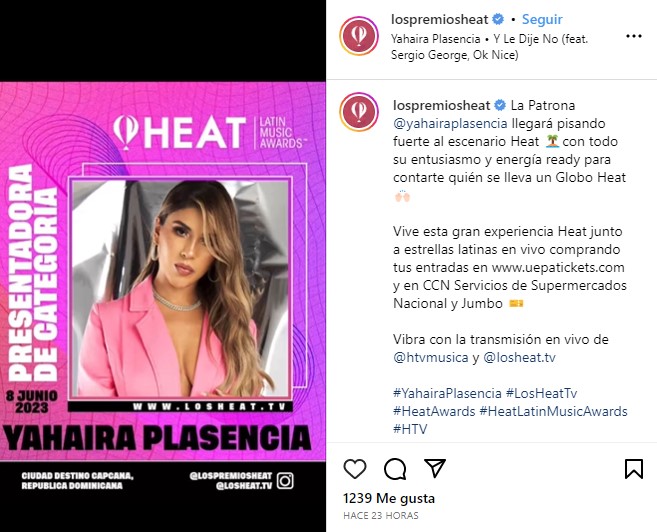 Yahaira Plasencia asistirá a los Premios Heat. (Instagram)