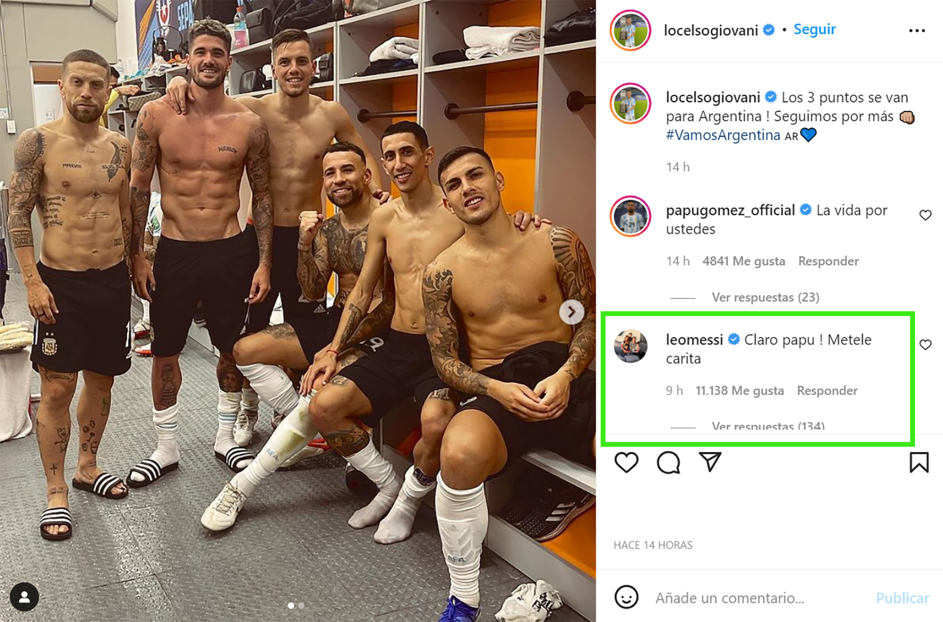 El mensaje de Messi dirigido a Papu Gómez en el posteo de Lo Celso