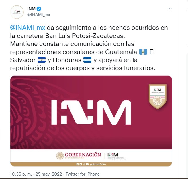 El INM actualizó la cifra de víctimas mortales a siete, quienes eran originarias de Guatemala, El Salvador y Honduras (Foto: Twitter@INAMI_mx)
