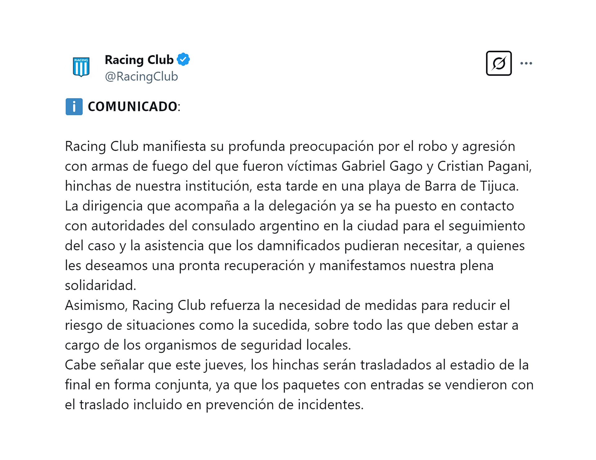 Dos hinchas de Racing fueron baleados en una playa de Río de Janeiro en un intento de robo