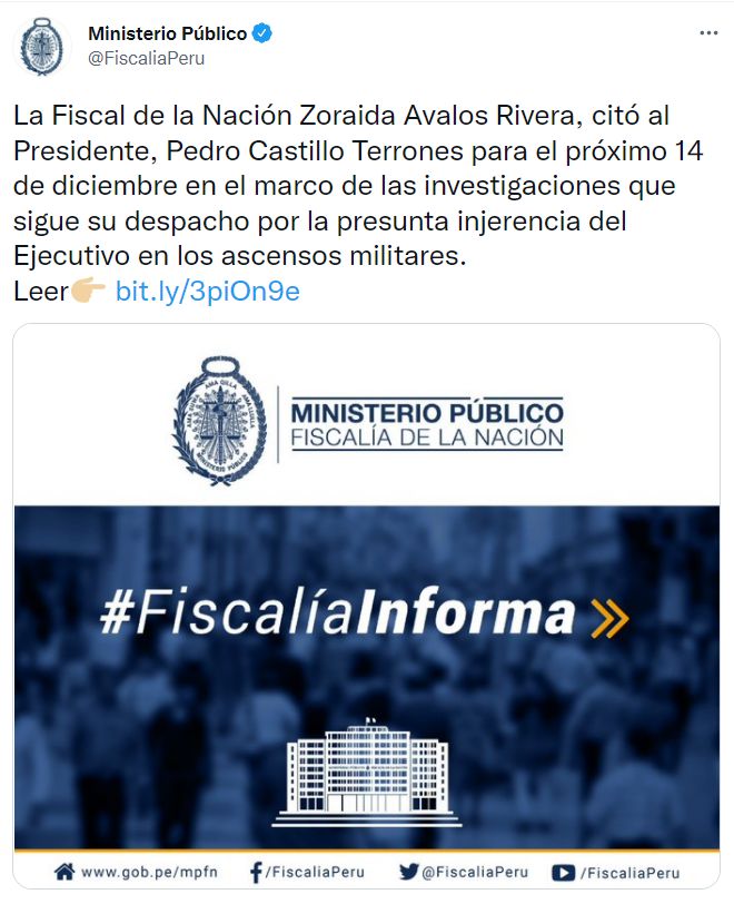 Fiscal de la Nación cita a Pedro Castillo por el caso de la presunta  injerencia del Gobierno en los ascensos de las FF.AA. - Infobae