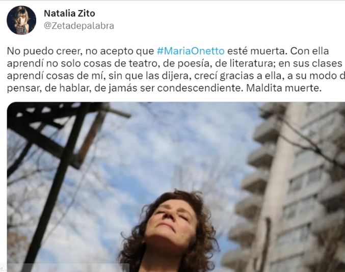 La escritora Natalia Zito despidió a María Onetto (Foto: Twitter)