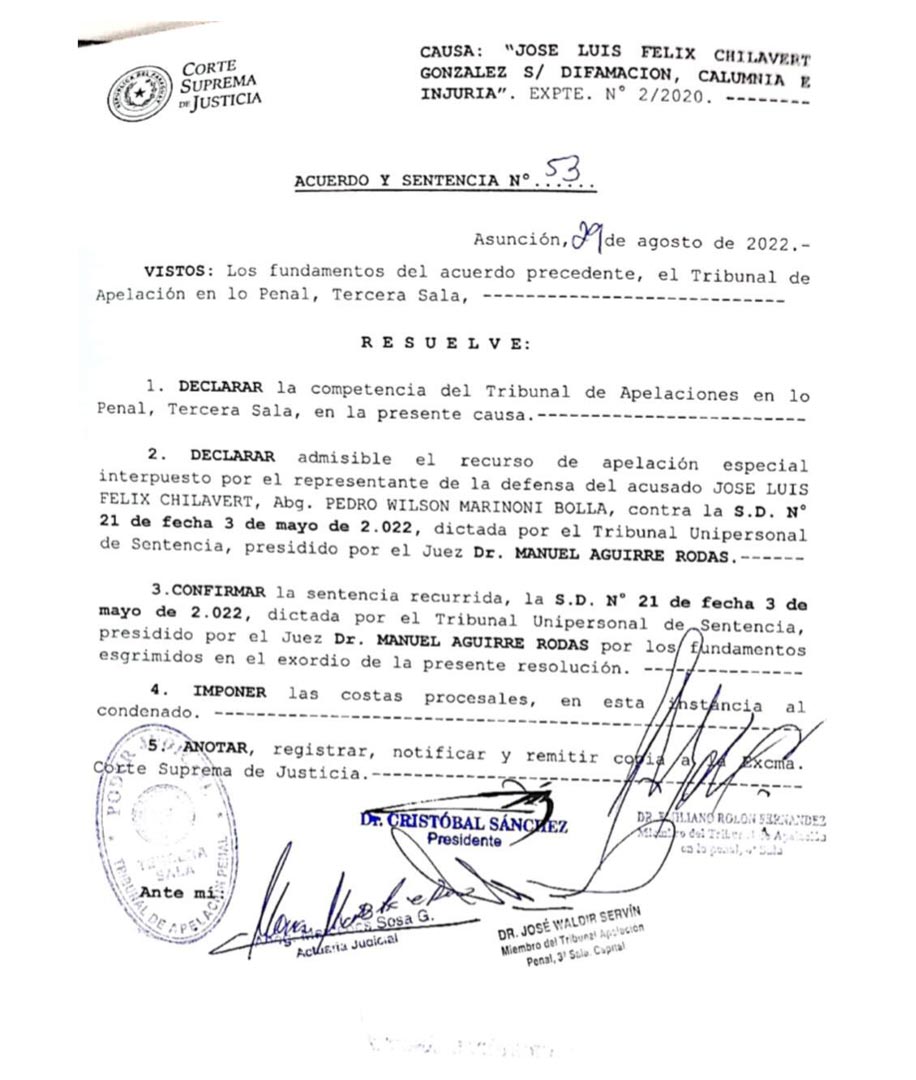 El documento que ratifica la condena de José Luis Chilavert por difamación a Alejandro Domínguez. 