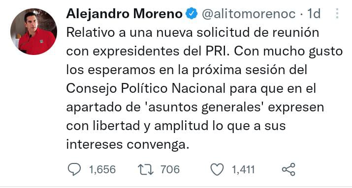 Alito Moreno se negó a una segunda reunión privada con militante del PRI (Foto: Twitter/@alitomorenoc)
