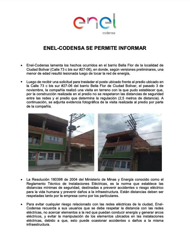 Comunicado Enel Codensa sobre accidente de niña electrocutada / (Enel Codensa).