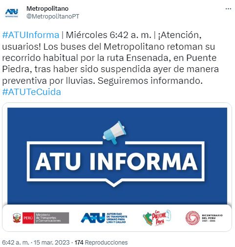 Metropolitano retoma servicio en Puente Piedra