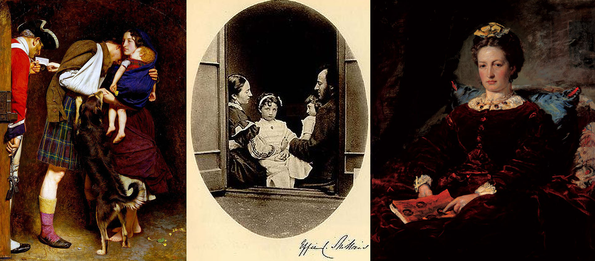 Effie Gray en "La orden de liberación", en el medio junto a Millais y sus hijo en una foto sacada por Lewis Carroll, y en un retrato realizado por su marido 