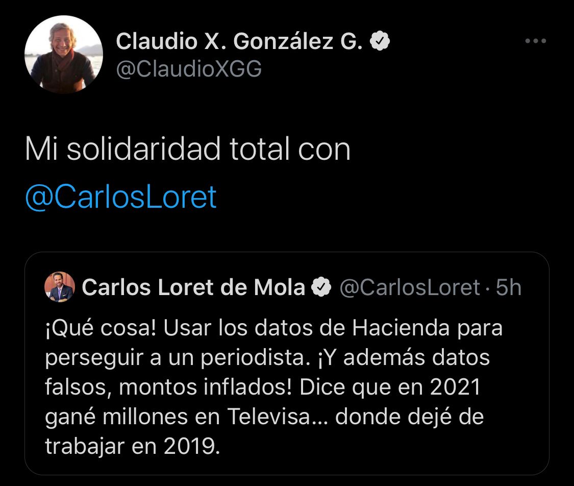 Internautas y personajes de la política se han pronunciado ante el nuevo “ataque” a Carlos Loret de Mola (Foto: Twitter/@ClaudioXGG)