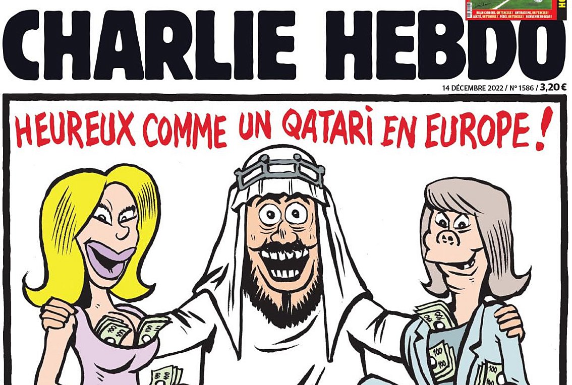"Feliz, como un qatarí en Europa", es la particular visión de la revista satírica Charlie Hebdo sobre el Qatargate.