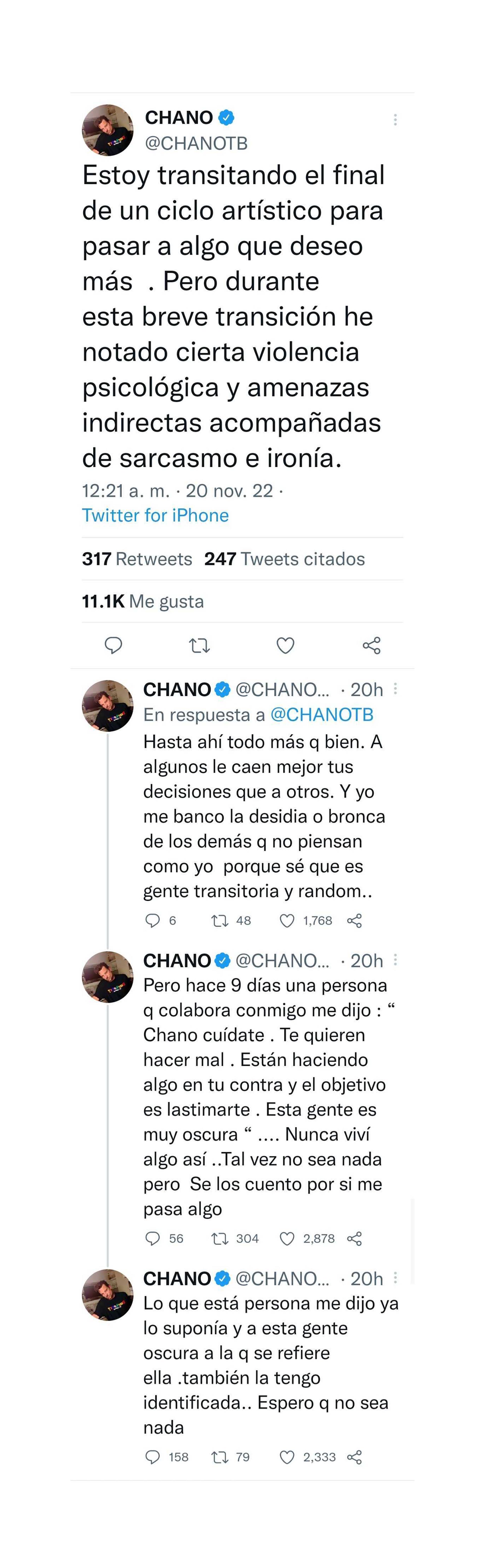 Chano Charpentier publicó un tuit que preocupó a sus seguidores: “Lo cuento por si me pasa algo”