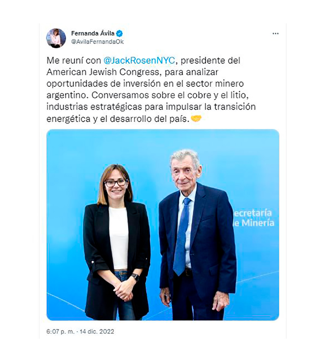 Fernanda Ávila, la secretaria de Minería, tuiteó sobre su reunión con Jack Rosen, un inversor norteamericano vinculado a la Casa Blanca