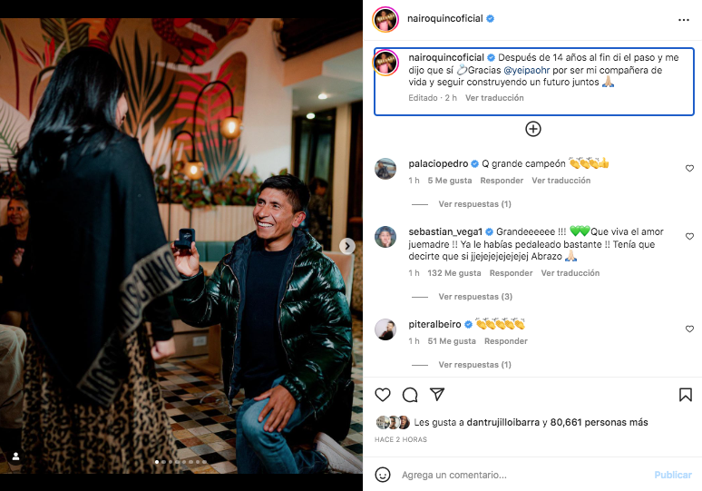 Nairo Quintana emocionado por la pedida de mano a Yeimi Paola Hernández, después de 14 años de relación. Tomada de Instagram @nairoquintanaoficial