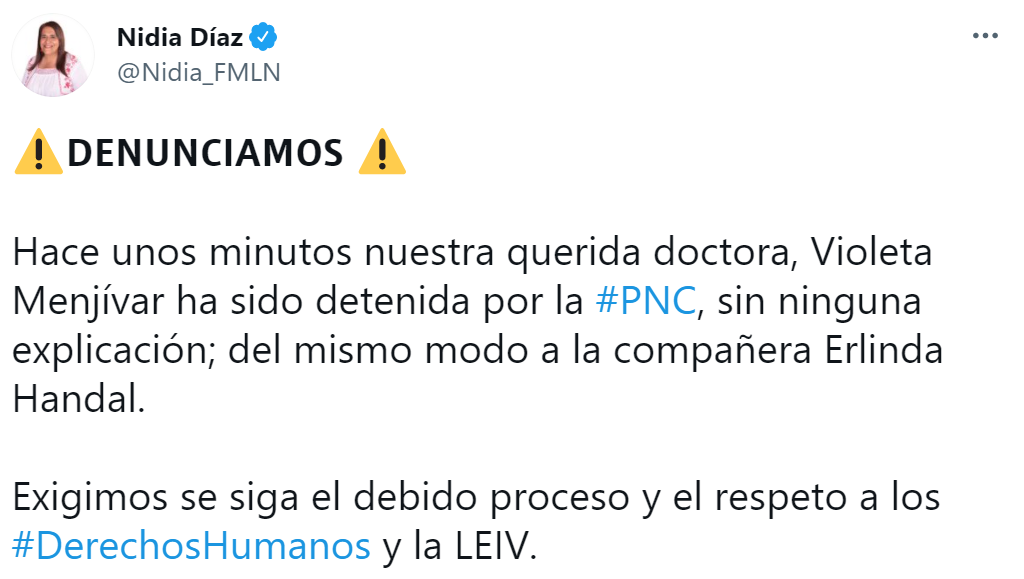 Tweet sobre la detención de la ex alcalde de San Salvador