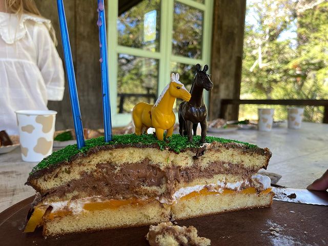 La torta tenía dos capas: una de duraznos con crema y la otra de chocolate: Para la cobertura: granas verdes  para simular el pasto de los caballos