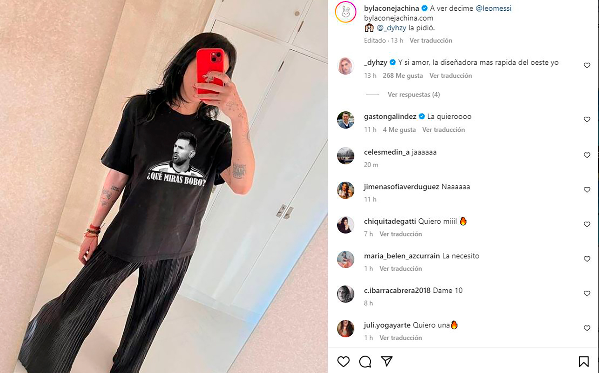 La influencer La Coneja China ya posa su propio diseño con la frase de Messi.