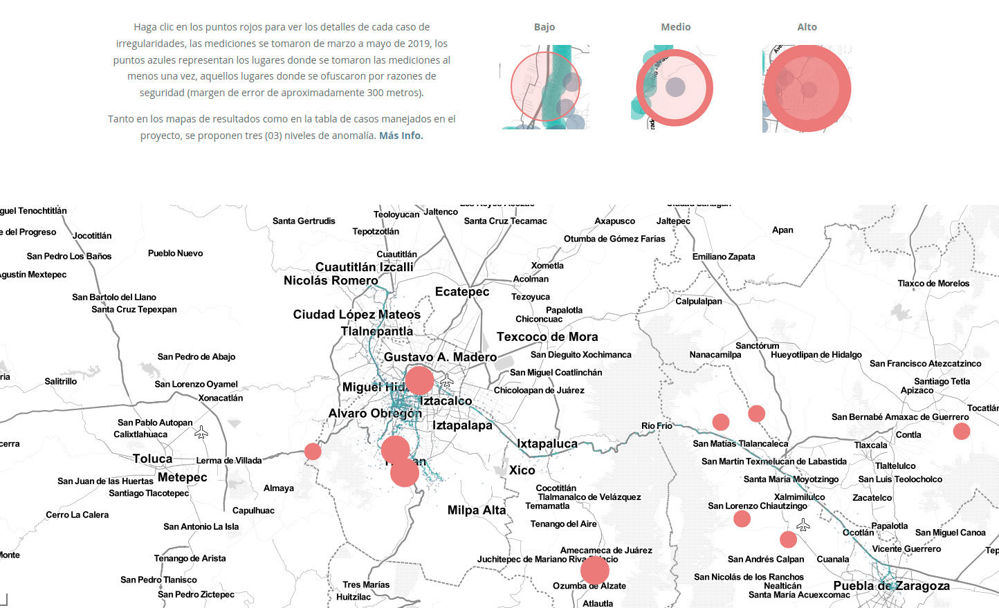 Mapa de antenas analizadas por el equipo chileno de South Lighthouse, que desarrolló Fake Antenna Detection Project (FADe, por sus siglas en inglés) (foto: PODER/Méxicoleaks)