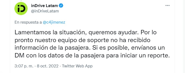 La aplicación de taxis aseguró estar en disposición de ayudar a la pasajera presuntamente agredida  (Foto: Captura de pantalla Twitter)