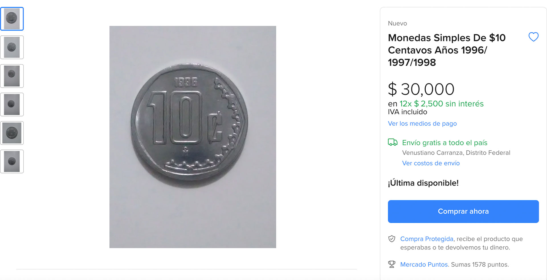 Esta es la moneda de 10 centavos. (Foto: Mercado Libre)