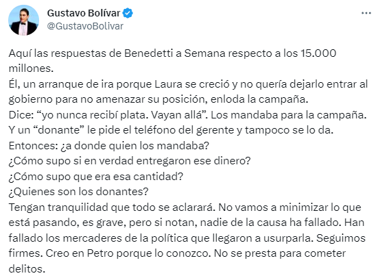 Gustavo Bolívar se pronunció frente a los audios de su excolega (Armando Benedetti) y citó la entrevista de Benedetti con Vicky Davila, en el que hablan respecto a los dineros de campaña, que ahora, los internautas de Twitter lo consideran como el ‘Proceso 1500′. Twitter/@GustavoBolivar.