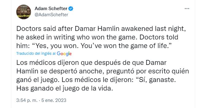 El periodista de ESPN Adam Schefter contó qué fue lo primero que preguntó Damar Hamlin al despertar tras su colapso (Twtitter)