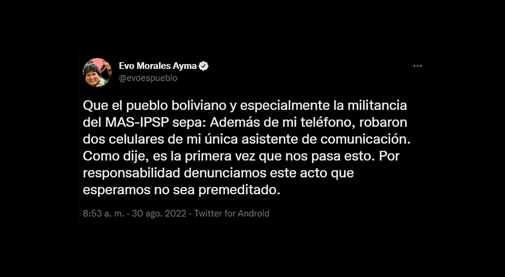 Evo Morales' message on Twitter