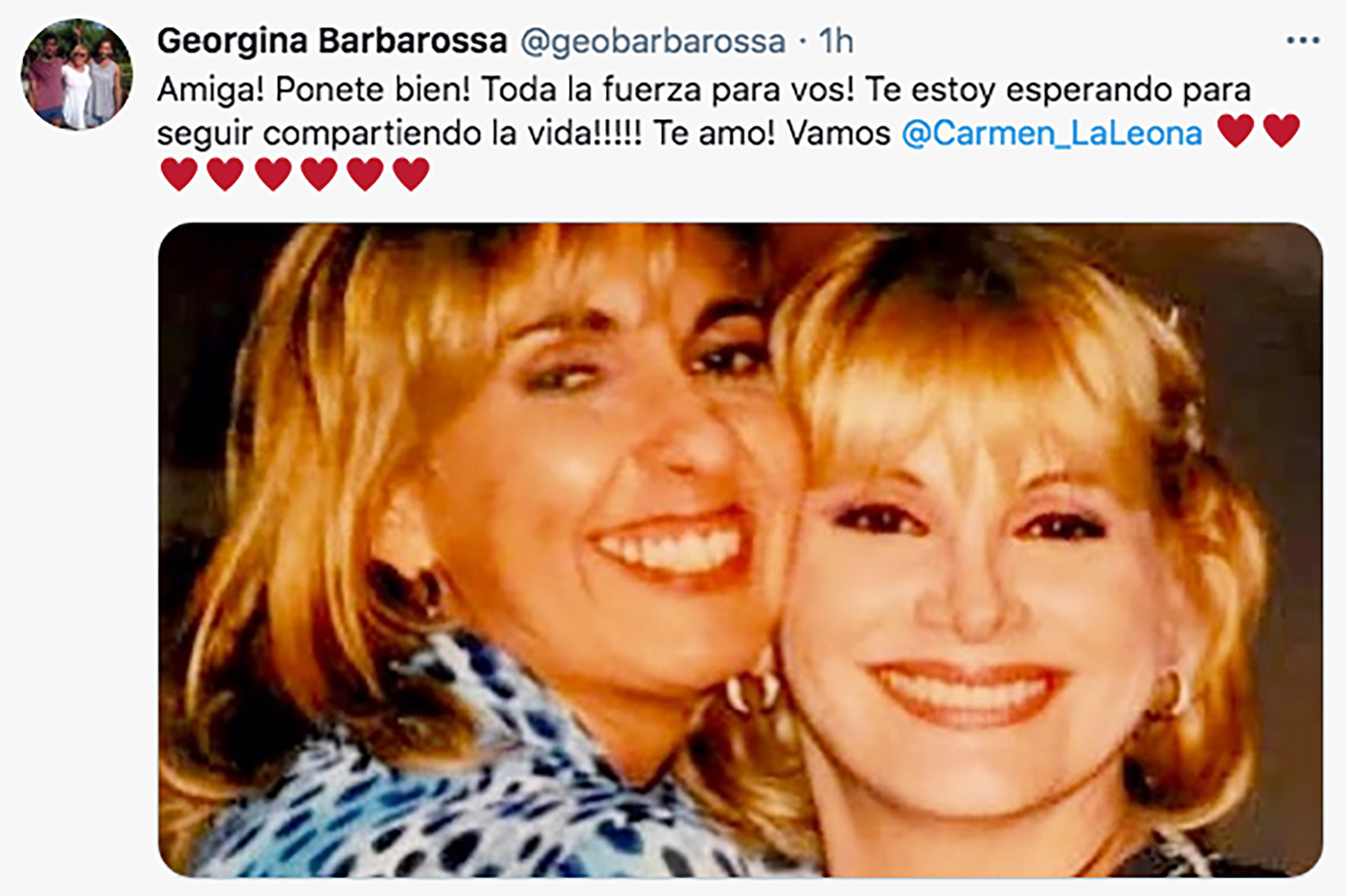 El mensaje de Geogina Barbarosa, con foto retro (Twitter)