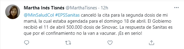 Denuncian en Twitter reagendamiento de la vacunación con segundas dosis de Sinovac. Foto: Twitter Martha Inés Tisnés.