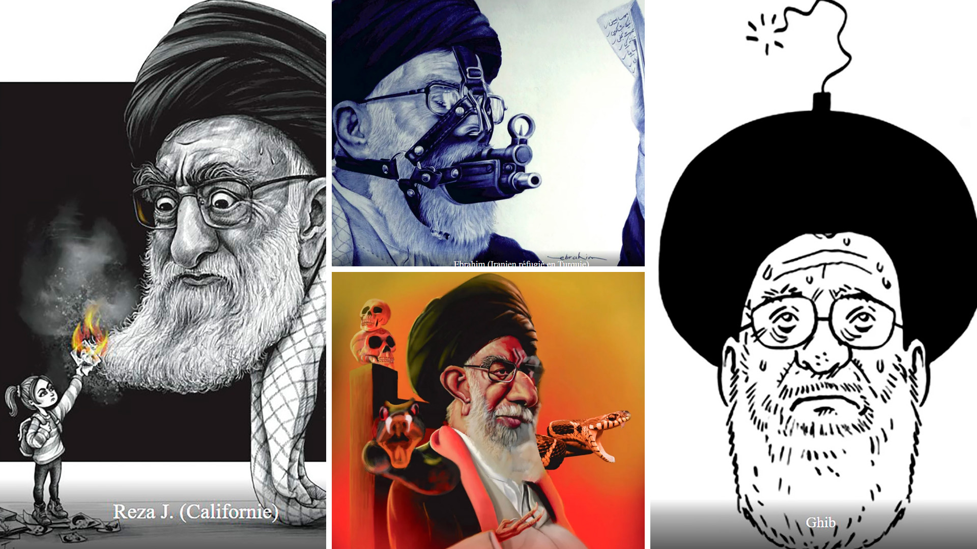 Algunas de las caricaturas que recibió Charlie Hebdo sobre el ayatollah Khamenei
