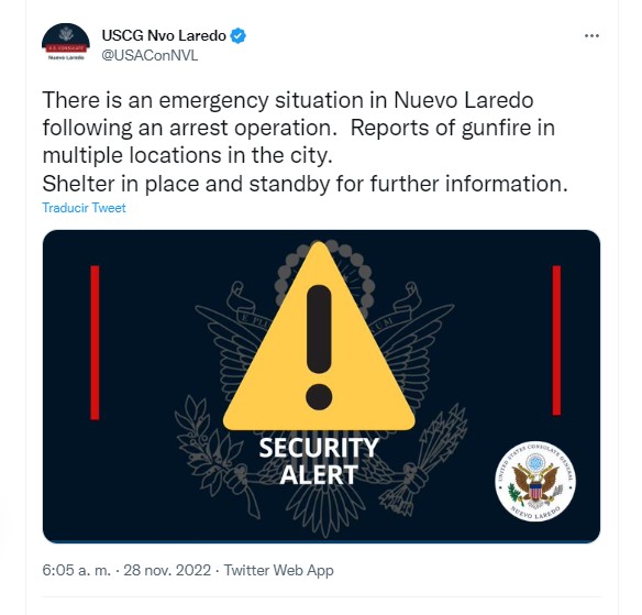 El Consulado de EEUU en Nuevo Laredo emitió una alerta tras la situación de riesgo registrada en el municipio (Foto: Twitter@USAConNVL)
