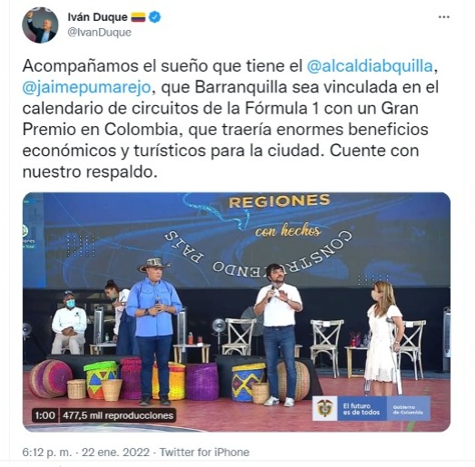 Duque y Jaime Pumarejo proponen a la Arenosa como sede para una carrera de la Fórmula 1. Tomado de @IvanDuque