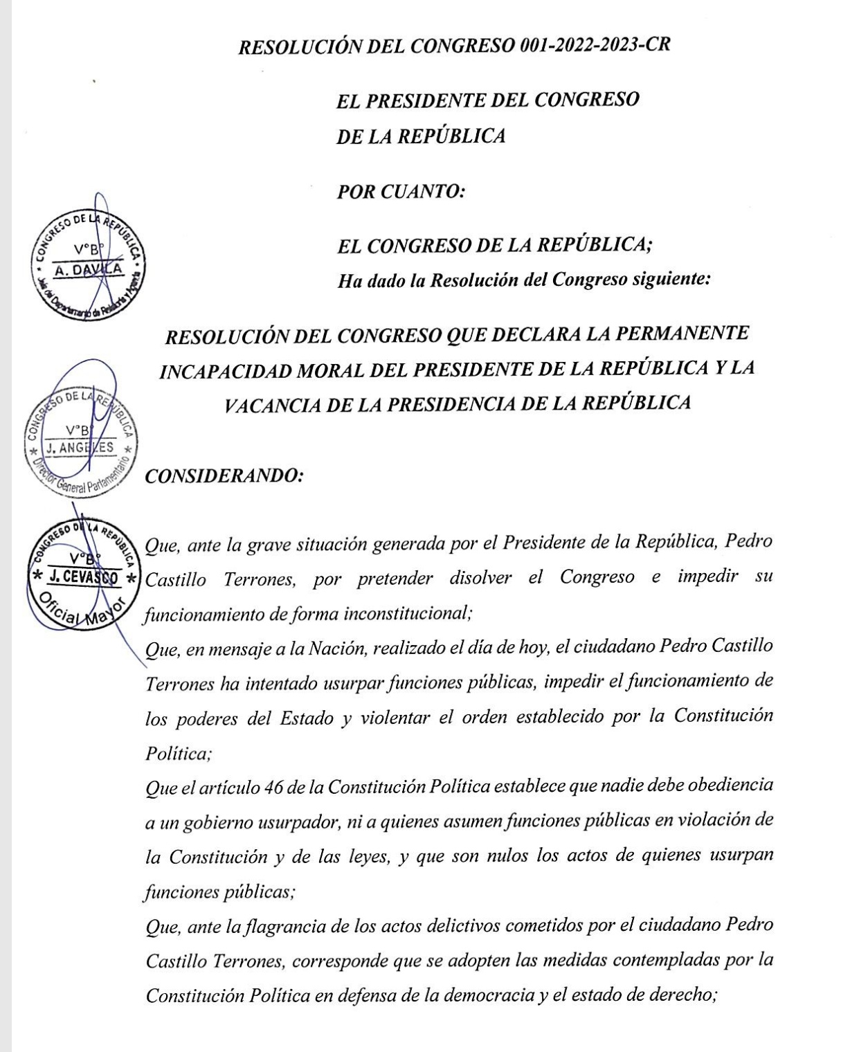 Resolución del Congreso sobre la vacancia presidencial de Pedro Castillo