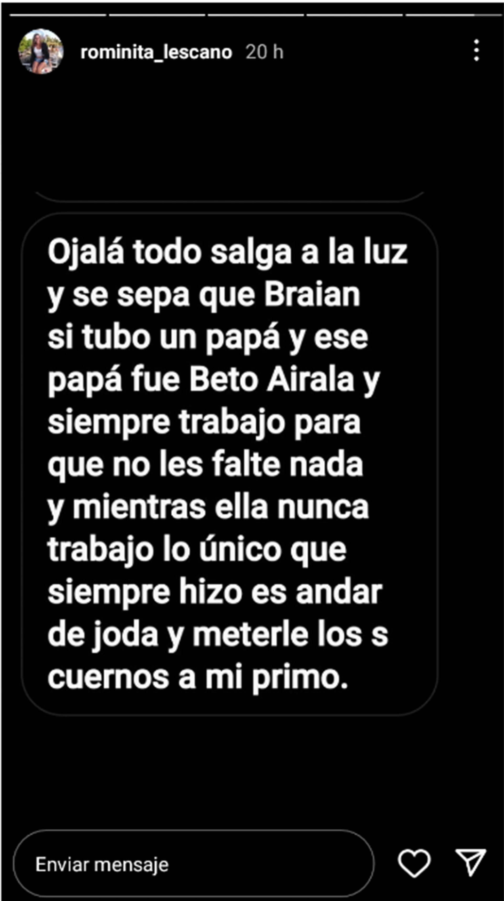 Romina  compartió un chat con quien sería la prima del hombre que crio al hijo de Pablo Lescano