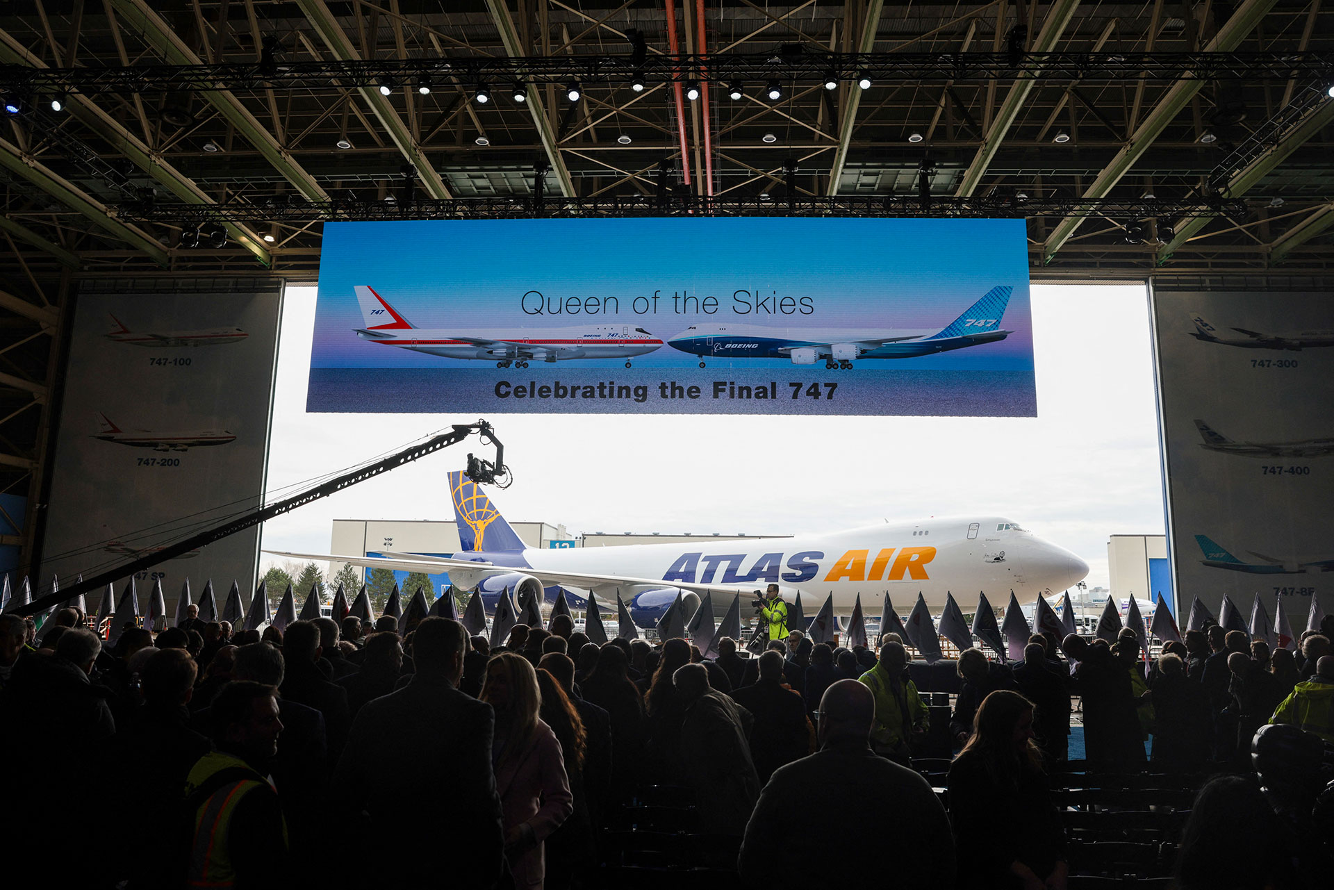 Current and former employees, customers and guests participate in a ceremony to mark the delivery of the last Boeing 747 aircraft, at the Boeing Future of Flight Museum in Everett, Washington, on January 31, 2023. Jason Redmond / AFP