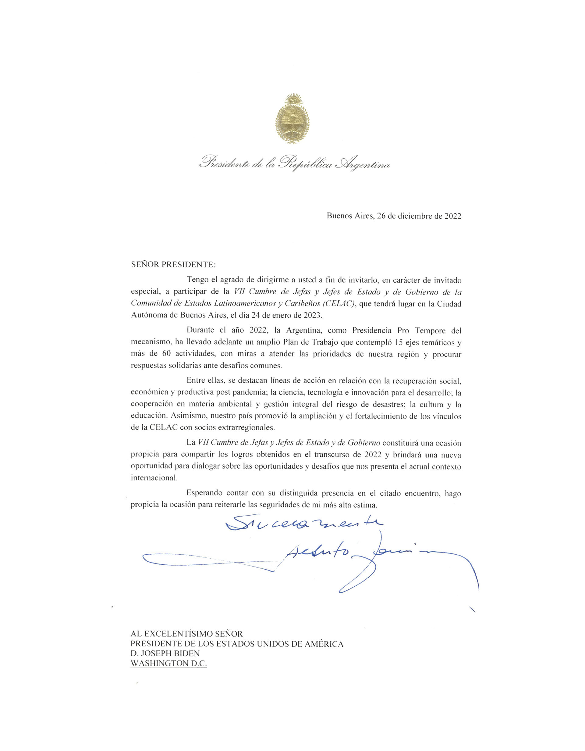Facsímil de la carta de invitación oficial a la Cumbre de la CELAC enviada por Alberto Fernández a Joseph Biden