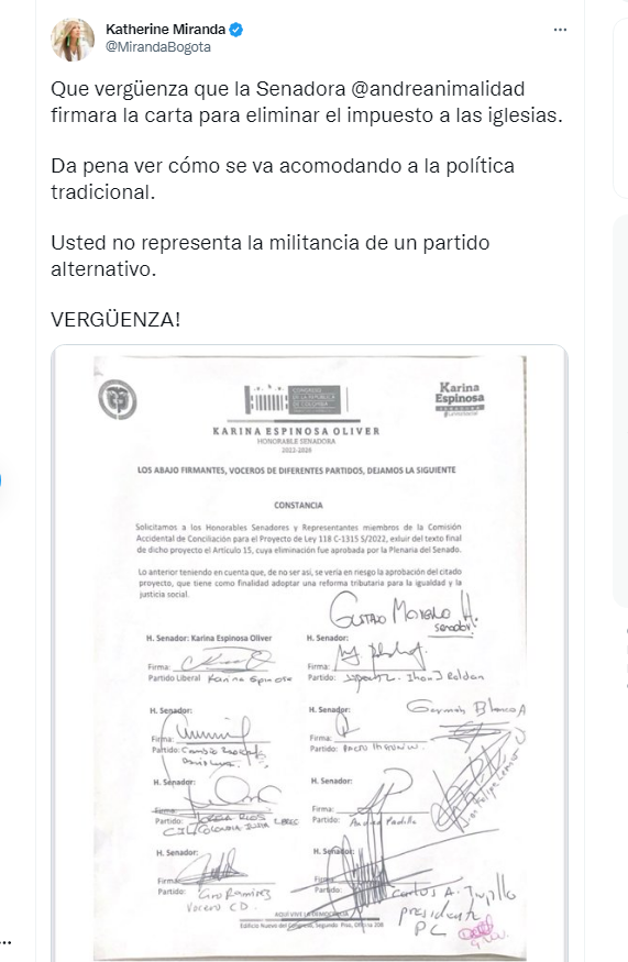 Carta firmada por Andrea Padilla y otros congresistas.
FOTO: vía Twitter (@MirandaBogota)