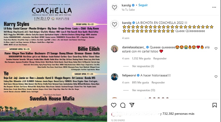 Karol G en Coachella 2022. Foto: Instagram @karolg