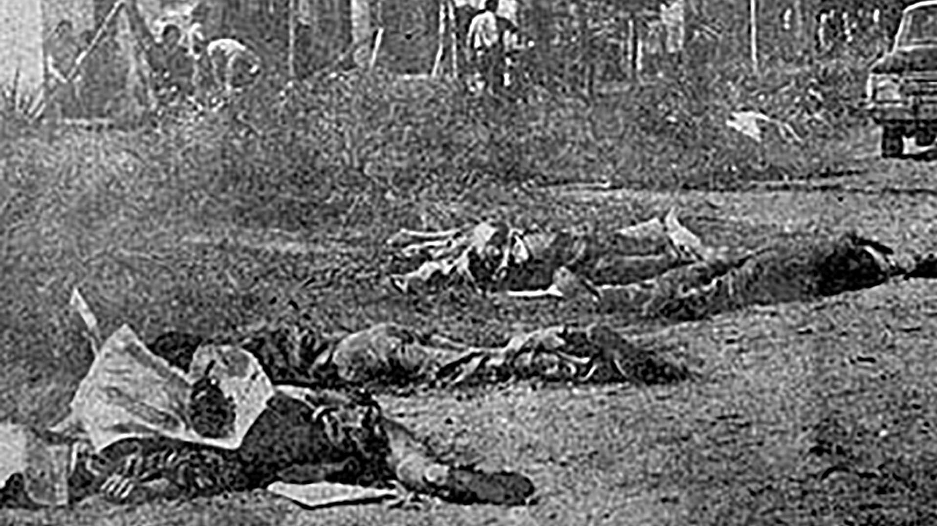 La imagen del horror: los cuerpos mutilados y distribuidos por el descampado de los siete secuestrados que fueron asesinados por la Triple A
