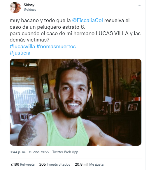 A través de Twitter, la hermana del estudiante asesinado en Pereira pidió prontitud para esclarecer este crimen ocurrido en mayo de 2021.
FOTO: Captura de pantalla de Twitter (@sidssy)