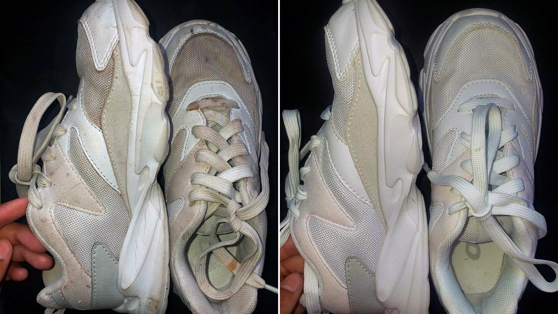 El antes y después de uno de los calzados que lavan madre e hija (@_lavado.de.zapatillas_)
