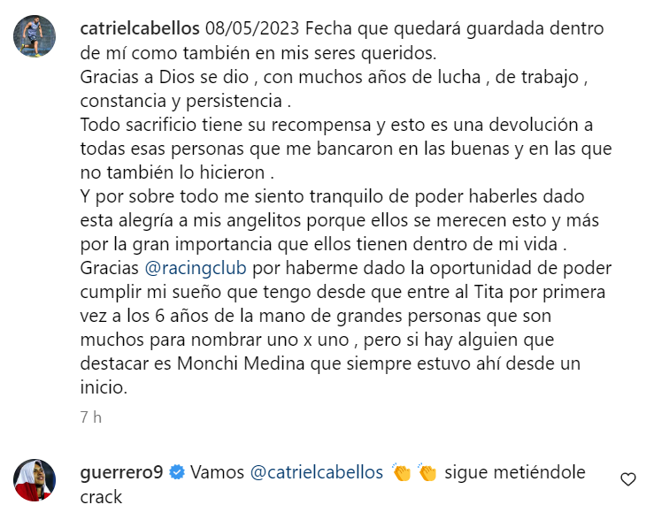 Paolo Guerrero congratulated Catriel Cabellos on his debut with Racing Club.  (Photo: Instagram by Catriel Cabellos)