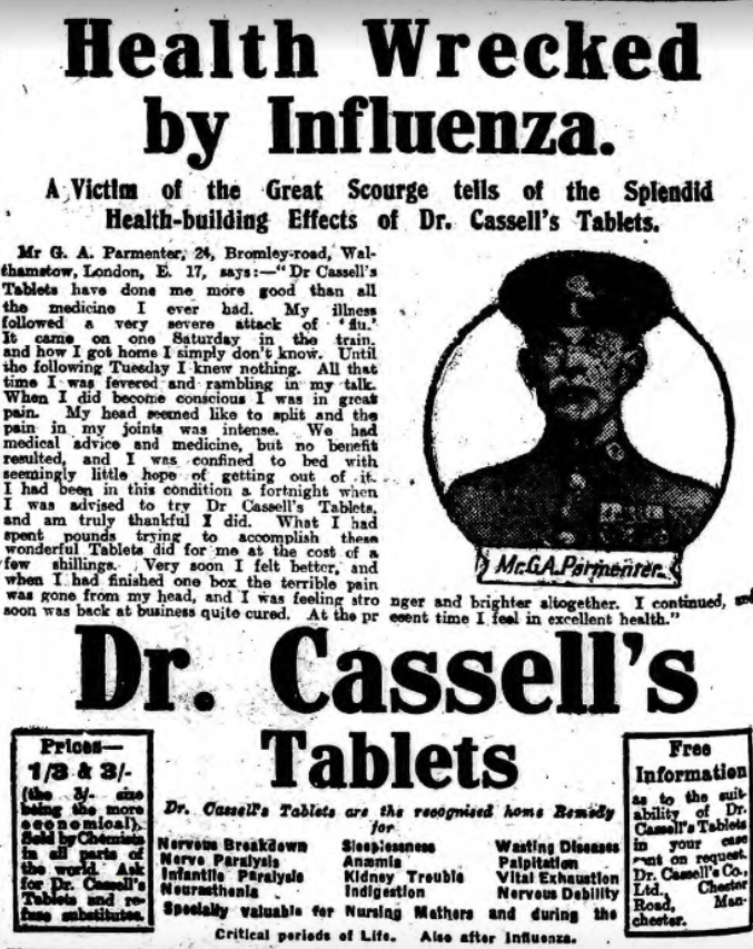“La salud arruinada por la gripe: una víctima del gran flagelo explica los espléndidos efectos en el fortalecimiento de la salud de las tabletas del Dr. Cassell”. (Biblioteca del Congreso de los EEUU)