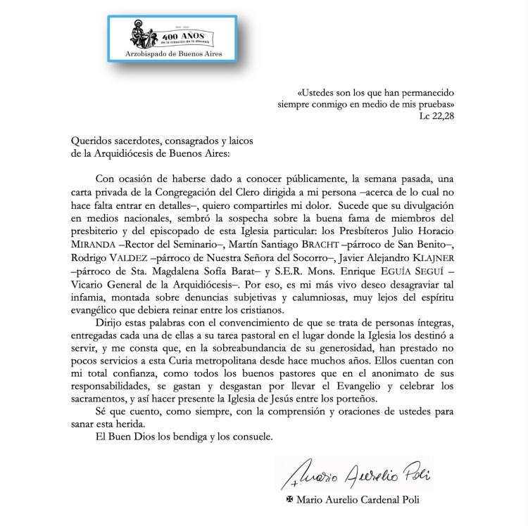 Carta del cardenal Mario Poli donde expresó un desagravio a sacerdotes mencionados en la auditoría del Vaticano