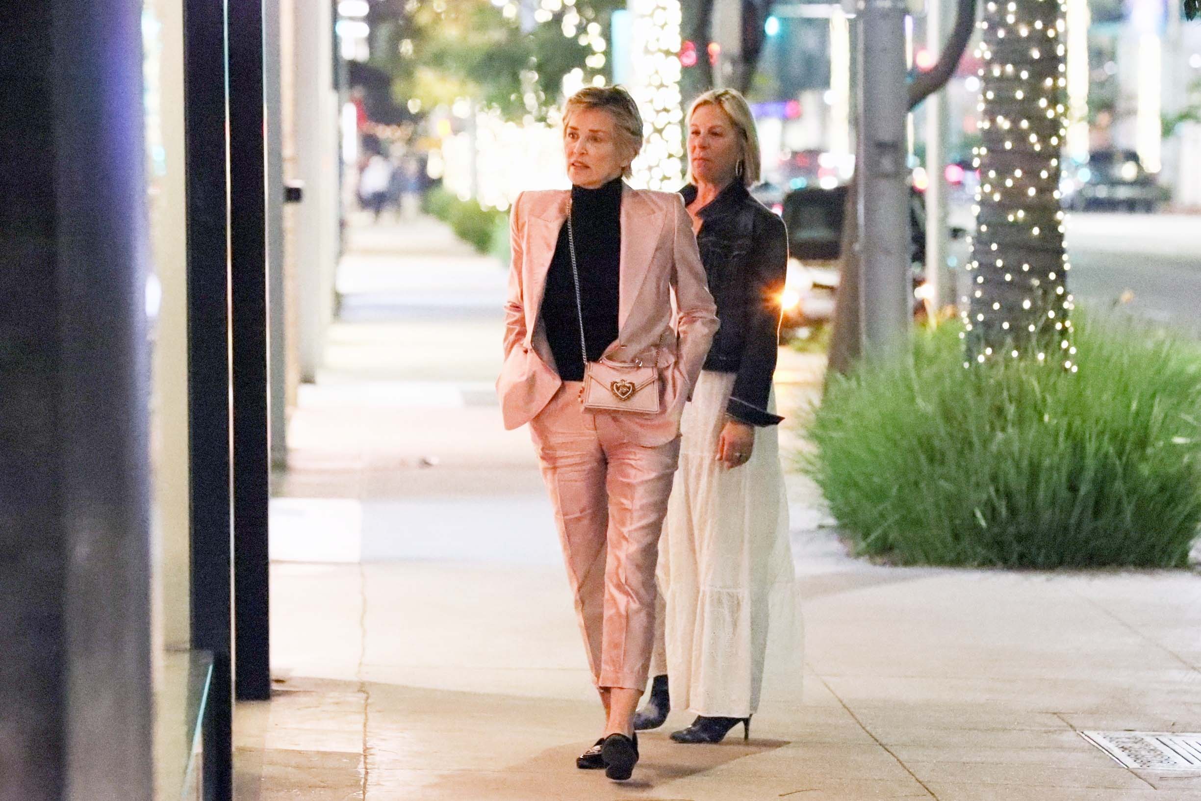 Sharon Stone recorrió las tiendas más exclusivas de Rodeo Drive, en Beverly Hills. Fue fotografiada mientras disfrutaba de las vidrieras acompañada por una amiga. Lució un conjunto de pantalón y saco rosa que combinó con su cartera, y llevó zapatos y blusa negra