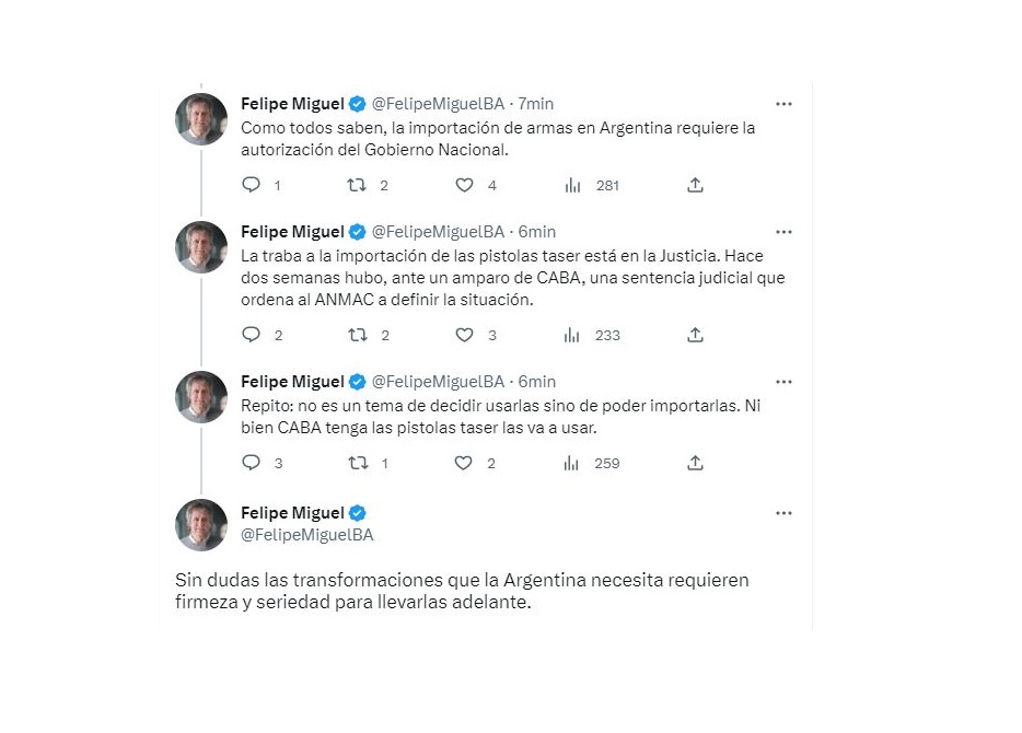 Mediante un hilo en twitter, Felipe Miguel explicó la situación de las pistolas Taser en la Ciudad de Buenos Aires