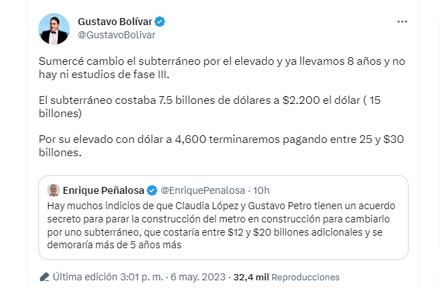 Gustavo Bolívar le contestó a Peñalosa sobre el supuesto acuerdo secreto entre el presidente y la alcaldesa de Bogotá. Twitter.