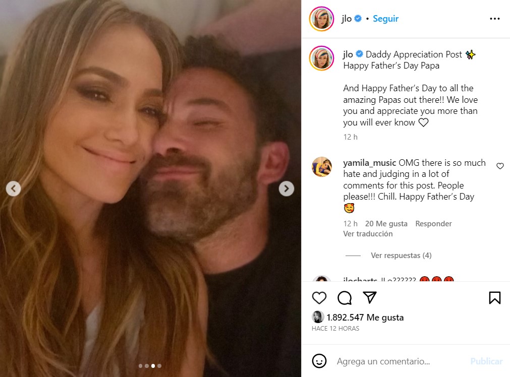 Jennifer López compartió un mensaje para festejar a Ben Affleck y a todos los papás durante este día del padre
Foto: Instagram/Jennifer López