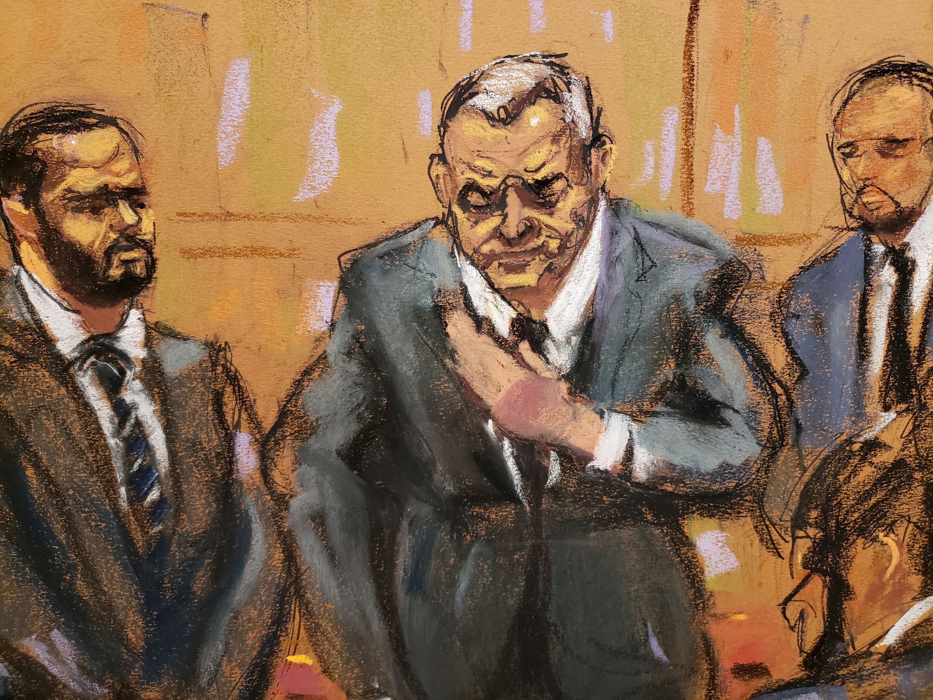 Mexico's former Public Security Minister Genaro Garcia Luna gestures to his wife and two children seated in audience, before being escorted out of the courtroom by U.S. Marshalls in New York City, U.S., February 21, 2023 in this courtroom sketch. Garcia is on trial for charges that he accepted millions of dollars to protect the powerful Sinaloa Cartel, once run by imprisoned drug lord Joaquin "El Chapo" Guzman. REUTERS/Jane Rosenberg  REFILE - CORRECTING ACTION