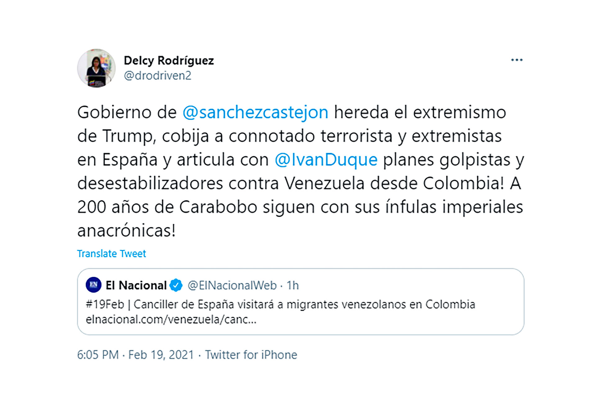 El tuit de Delcy Rodríguez contra Pedro Sánchez, Iván Duque y Donald Trump
