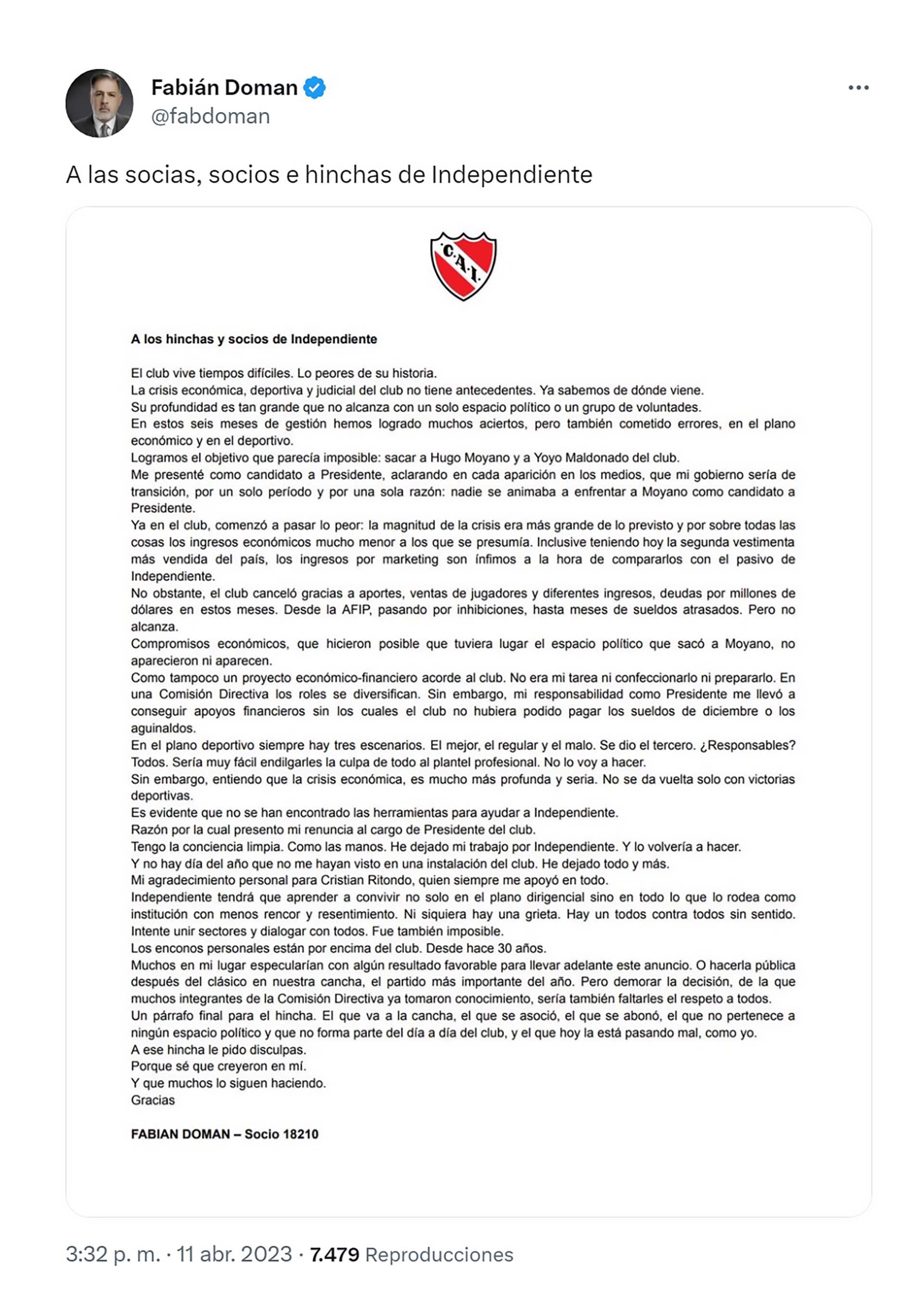 La carta con la que Fabián Doman comunicó su renuncia al cargo de presidente en Independiente